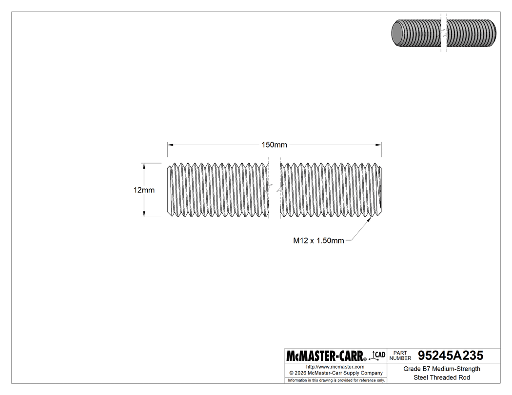 Technical Drawing of Grade B7 Medium-Strength Steel Threaded Rod, Fine-Thread, M12 x 1.5 mm Thread, 150 mm Long.
